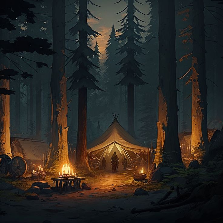 a tent set up in the middle of a forest with campfires and people around it