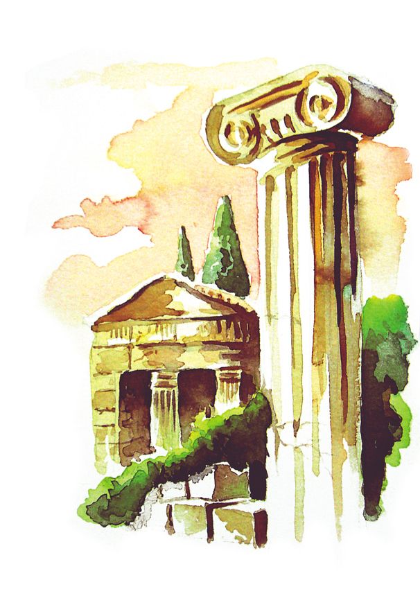 a watercolor painting of an old building