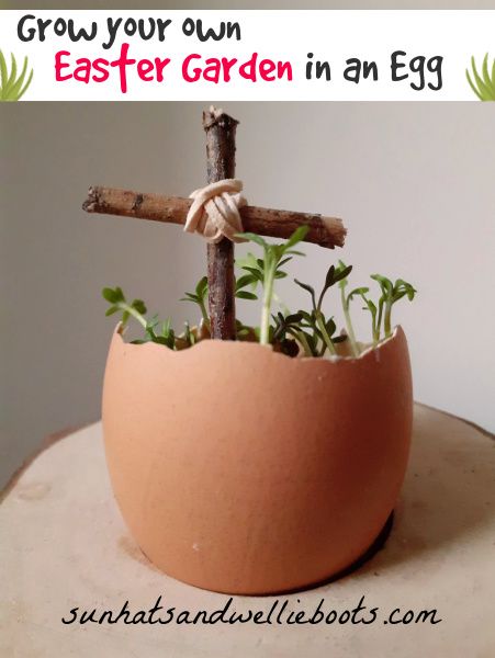 a cross made out of branches and plants in a clay pot with the words grow your own easter garden in an egg