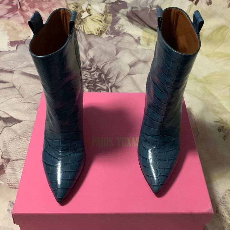 Beautiful Blue Leather Croc Embossed Stack Heel Pointed Toe Paris Texas Boots With Pull On Tabs Comes With Original Box Size 37 Worn Twice, Great Shape Other Than Small Scuff On Back Heel Purchased From Saks Blue Leather Heels With Square Toe, Designer Blue Boots With Round Toe, Blue Leather Ankle Boot Heels, Chic Blue Pointed Toe Boots, Blue Pointed Toe Boots With Reinforced Heel, Blue Pointed Toe Boots For Formal Occasions, Paris Texas Boots, Texas Boots, Blue Leather Flats