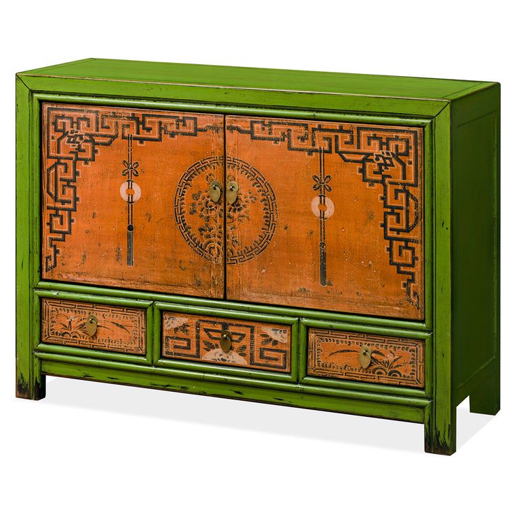 Constructed entirely of elm lumber reclaimed from Chinese villages, each panel is hand painted by master artisans. This unique cabinet's doors display gorgeous hand painted flower design with two hanging lucky jade tassels on a bright orange background. Each drawer is also ornate with hand painted floral design. The cabinet is framed in hand applied distressed green with matte finish, adding a touch of character to any contemporary setting. One spacious double-door compartments provide ample sto Tibetan Interior, Unique Cabinet Door, Tibetan Furniture, Zen Furniture, Chinese Lady, Experiential Art, Tibet Art, Chinoiserie Decor, Asian Furniture