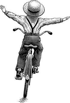 a drawing of a person riding a bike with their arms outstretched in the air, vintage line art or engraving