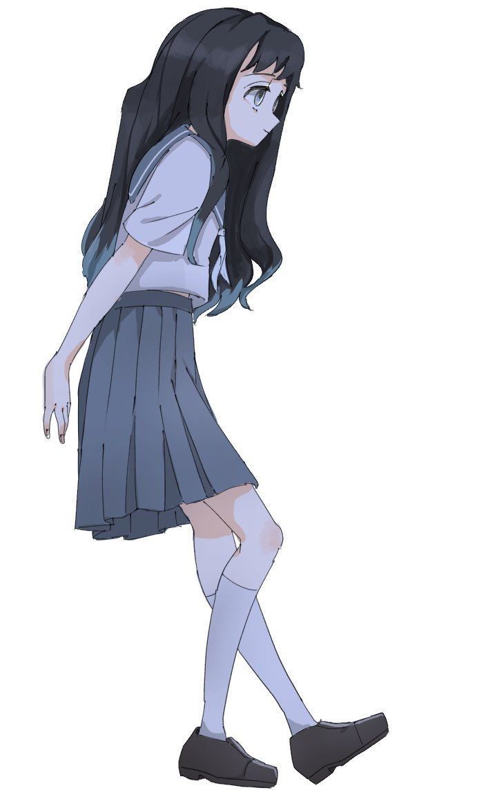 an anime character with long black hair and blue eyes, wearing a short skirt and white shirt