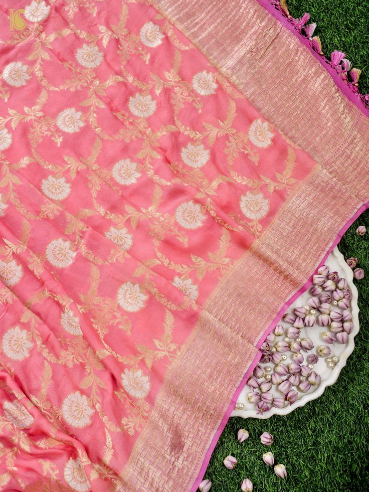 Category: Banarasi Georgette Dupatta Khinkhwab brings you an exclusive range of Georgette Handloom Banarasi Dupattas. Look elegant and vibrant in this beautifully crafted Georgette dupatta with golden and silver zari work (sona rupa work) highlighting the intricate designs all over. Match it up with plain Anarkali/suit to get that complete traditional and opulent look. Fabric: Pure Georgette Silk Pure Georgette Silk - Georgette is a light-weight, crinkled and sheer fabric, displaying an overall bouncy look. A strong absorbent, Georgette is easy to dye and has dull-rough texture. Georgette is made from twisting yarns of silk. Weave- Banarasi silver and gold zari craftsmanship. Note- There may be slight color variations due to photographic reasons. This is a hand-woven product and any irregu Plain Anarkali Suits, Plain Anarkali, Georgette Dupatta, Rough Texture, Anarkali Suit, Zari Work, Sheer Fabric, Sheer Fabrics, Intricate Designs