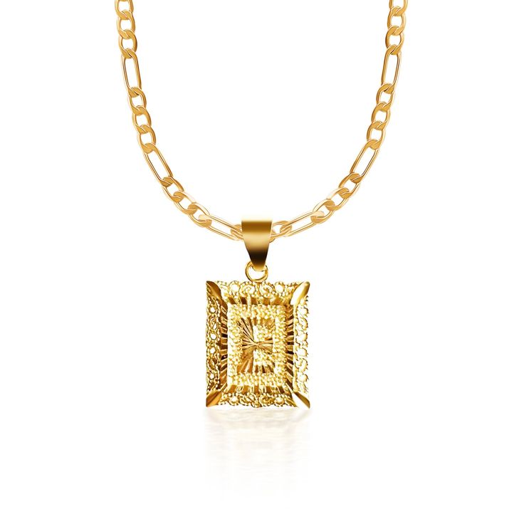 Create a personalized look for your necklace layering collection with our antique-influenced Clara Initial Gold Necklace, customized by the drop-down alphabet menu with style choices. A diamond-cut rectangular pendant features any single initial suspended by a tapered bail. A Figaro link chain accompanies the pendant.     Features       18k Gold Filled   Chain length 20”   Charm size 1"   Tarnishing resistant    Hypoallergenic   Please note that chemicals and perfume can shorten the lifespan   C Trending Jewelry 2023, Initial Gold Necklace, Tarnished Jewelry, Necklace Layering, Initial Necklace Gold, Yoga Jewelry, Jewelry Choker, Cheap Jewelry, Jewelry For Her