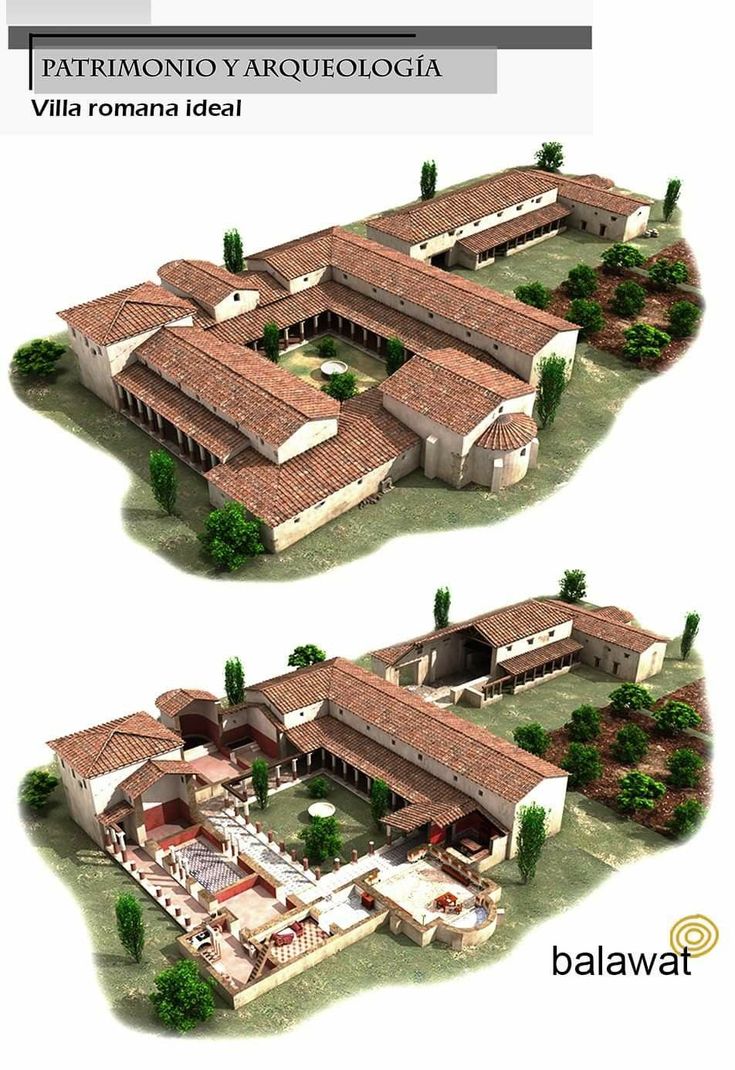 two views of an old style house from above and below, with the words villa romana ideal