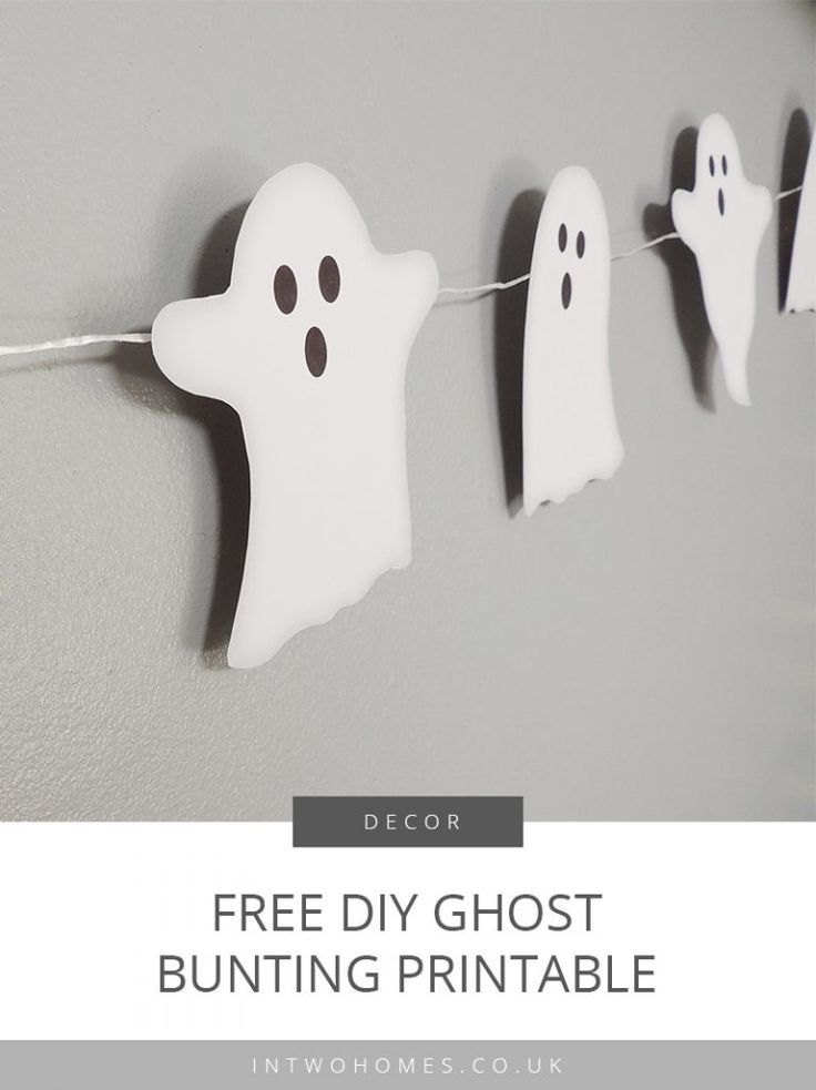 three ghost bunting printables hanging on a line with the words decor free diy ghost bunting printable