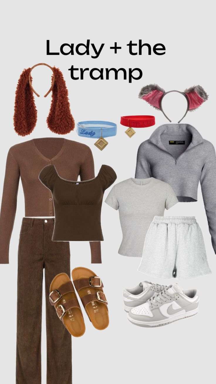 lady and the tramp costume is shown with shoes, headbands and sweater