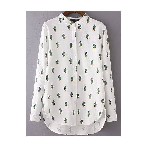 High Low Cactus Print Blouse (£10) ❤ liked on Polyvore featuring tops, blouses, white, collared blouse, embellished tops, white long sleeve blouse, high neck top and white high neck blouse Shirts For Women Stylish, White Long Sleeve Blouse, Trendy Fashion Tops, Chic Blouses, Cactus Print, Stylish Dress Designs, Floral Print Blouses, Glamour Fashion, Outfits Fashion