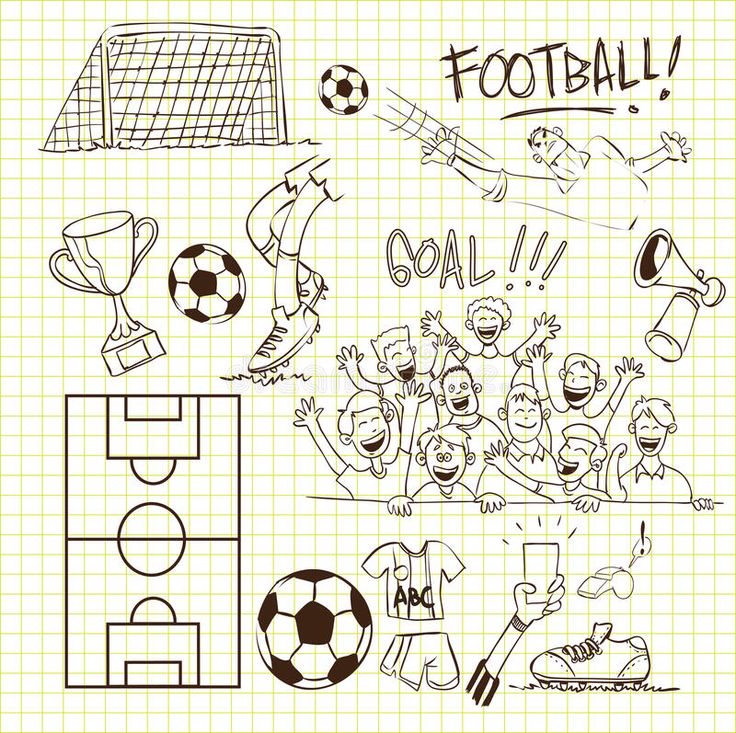 hand drawn doodles on the theme of sports and football, including soccer ball, goal, cup, trophy, scoreboard