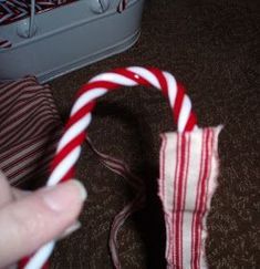 a person holding a candy cane in front of a piece of fabric on the floor