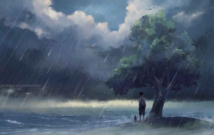 a painting of a man standing under a tree in the rain next to a body of water