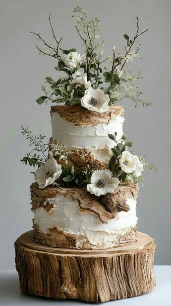 a three tiered cake with white flowers and greenery sits on a tree stump