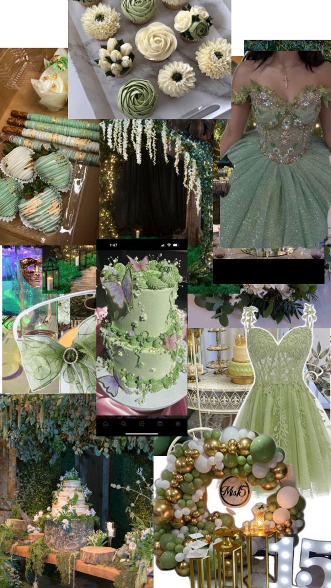 a collage of photos with green and white wedding decorations, flowers, and cake