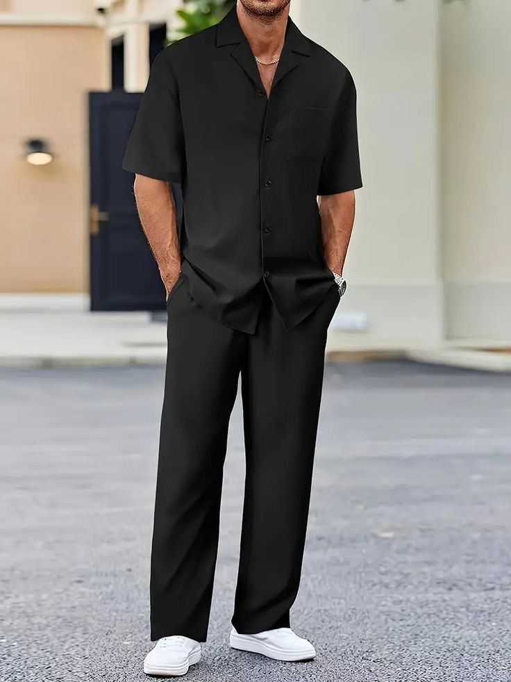 Black Pants Outfit Men, Party Outfit Men, Black Pants Outfit, Black Outfit Men, Camp Collar Shirt, Collar Shirt Men, Pants Outfit Men, Classy Outfits Men, Men Fashion Casual Shirts