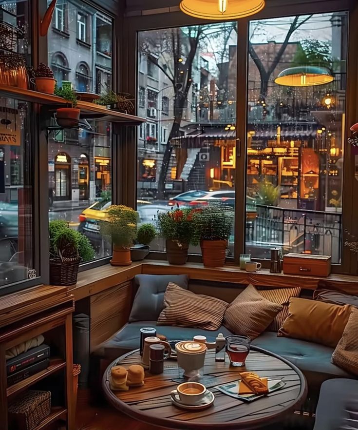 a living room filled with lots of furniture next to a large window covered in potted plants