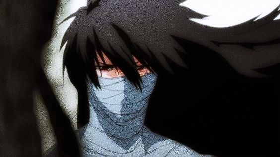 an anime character with black hair and blue eyes wearing a face covering over his mouth