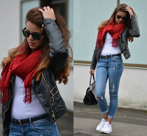 White Sneakers Outfit, Outfits Jeans, Sneakers Fashion Outfits, Red Scarf, White Sneakers Women, Outfit Fall, Outfit Women, Casual Chic Outfit, Casual Work Outfits