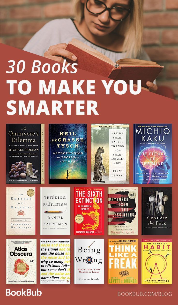 a woman reading a book with the words 30 books to make you smarter on it