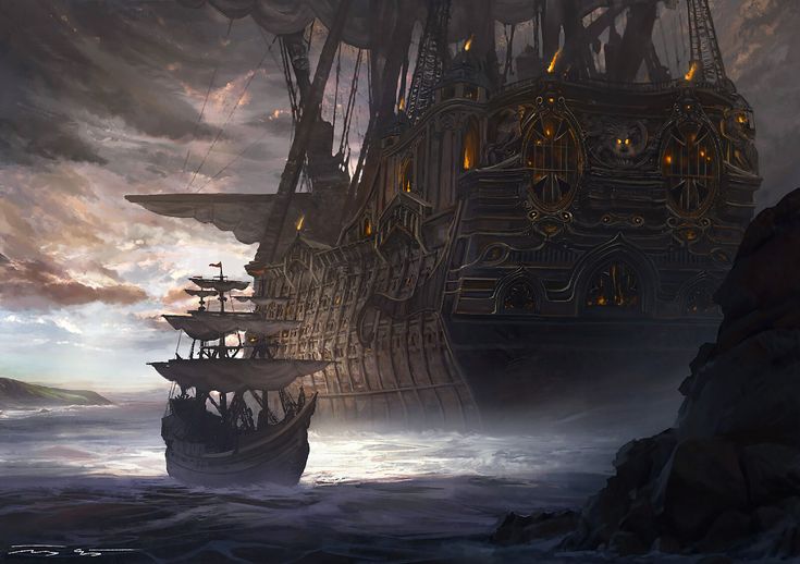 a pirate ship in the middle of an ocean