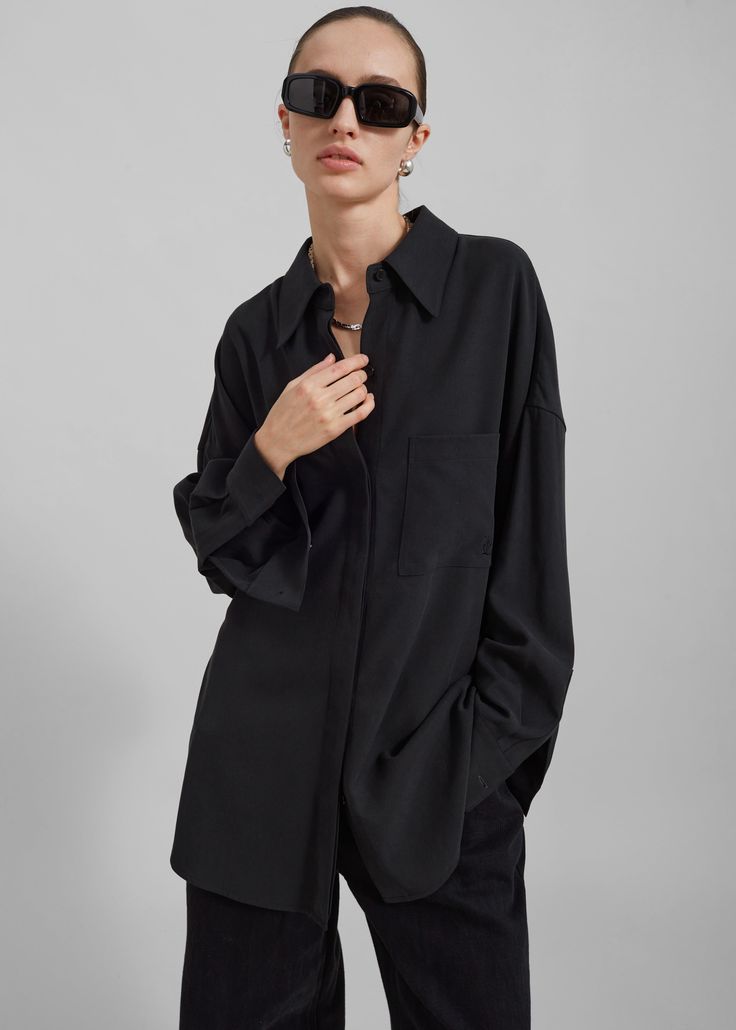 Della Midweight Button Up Shirt - Black Tie Neck Shirt, The Frankie Shop, Frankie Shop, Contrast Collar, Black Fits, Wearing Black, Button Up Shirt, Black Stripes, Patch Pocket