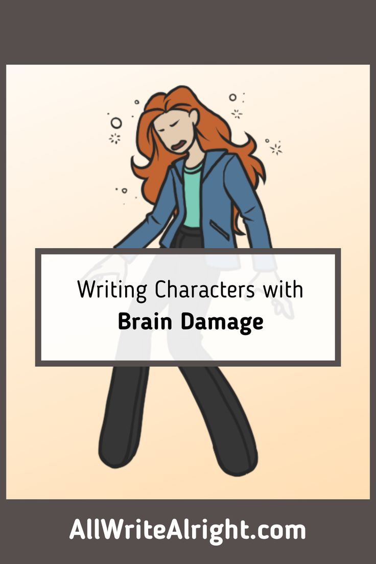 a woman with red hair is holding a sign that says writing characters with brain damage