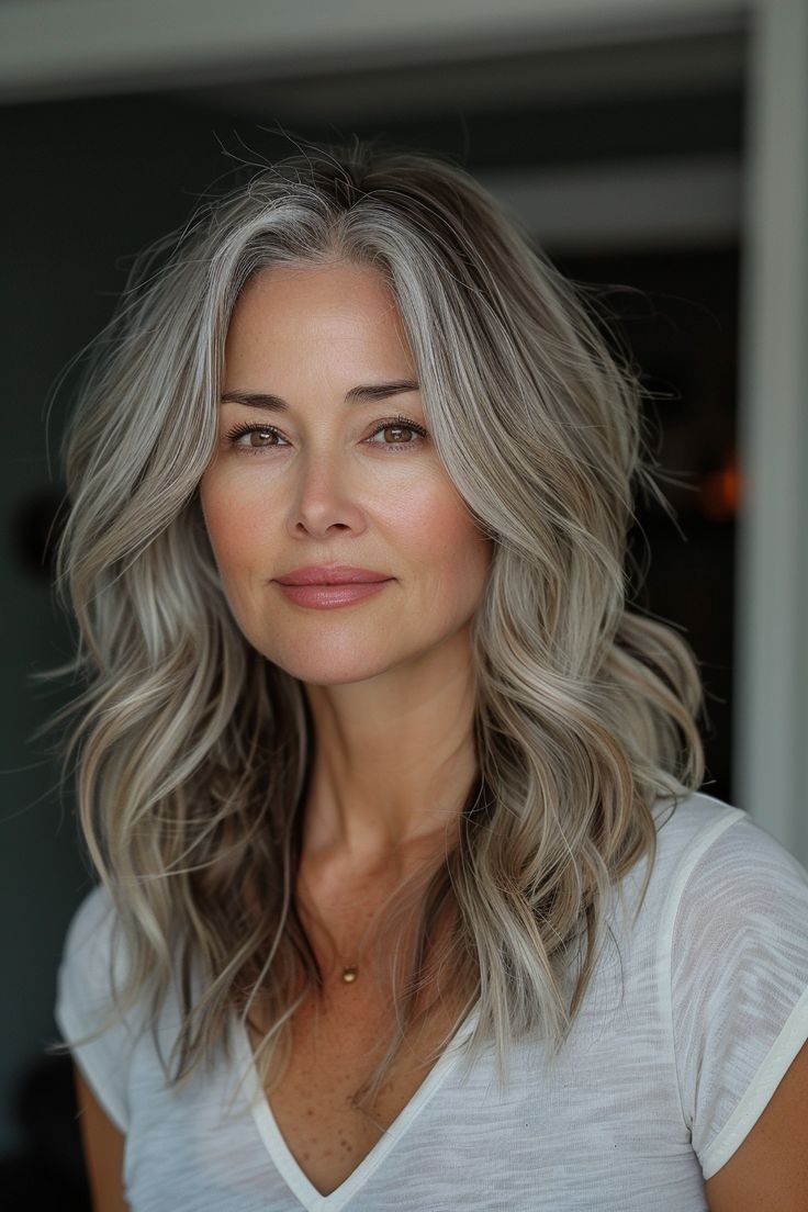 Dark Blonde Gray Hair, Silver Hair Baylage, Dimensional Grey Blending, Blonde Highlights On Brown Hair To Cover Gray, Grey White Blonde Hair, Gray Hair 30s, Letting Gray Hair Grow Out Natural, Grey Hair Young Women, Gray Hair Blending Dark Brown