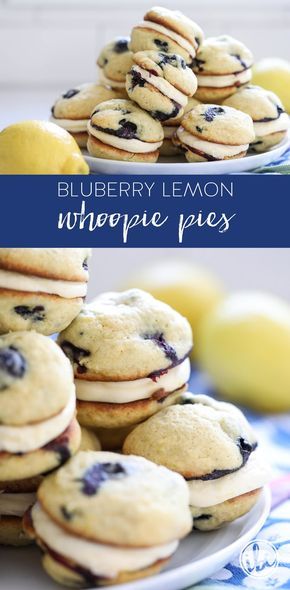 blueberry lemon whoopie pies are stacked on top of each other in front of some lemons