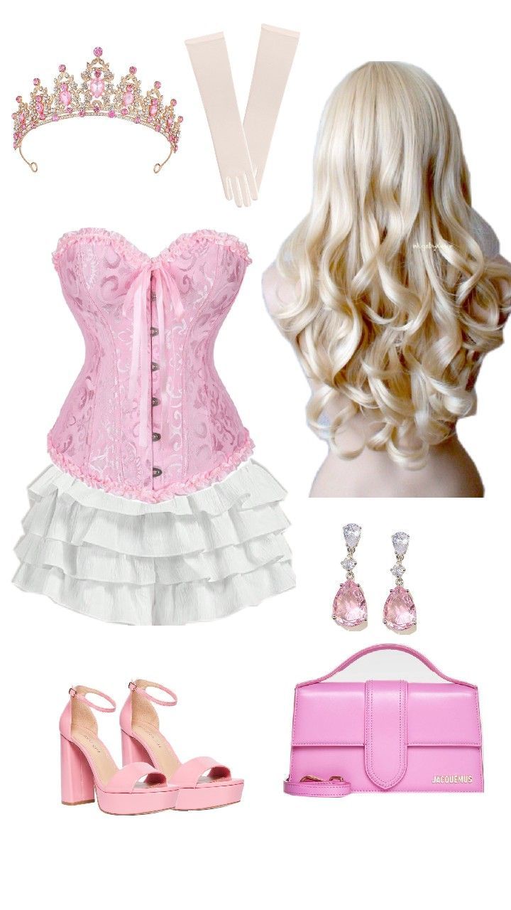 a pink corset and accessories for a doll's outfit, shoes, handbag and purse