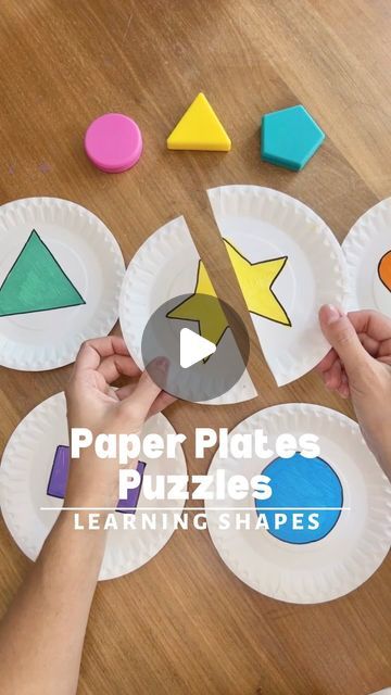 paper plates that have different shapes and sizes on them with the words learning shapes in front of them