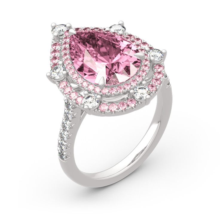 With grace and shimmer, this sparkling ring is a classic style that complements her sophisticated taste. Crafted in sterling silver, it features a brilliant pink stone wrapped in double halo frames of pink and white stones,bringing out its beauty and sparkle. Glamorous and classic, this exceptional ring will forever express your eternal love and undying commitment.Carat Weight: 6.05 ctStone Size: 9*13 mmStone Type: Jeulia® StoneNumber of Stones: 1 Stone Color: Fancy PinkStone Shape: PearCarat Weight: 2.051 ctStone Size: 2.5,1.7,1.3,1 mmStone Type: Jeulia® StoneNumber of Stones: 76 Stone Color: Diamond White, Fancy PinkStone Shape: RoundWeight: 6.84 gWidth: 22.55 mmHeight: 7.7 mmThickness: 2.95 mmMaterial: 925 SilverPlating Color: Silver Silver Teardrop Gia Certified Ring, Gia Certified Silver Teardrop Ring, Pink Teardrop Halo Setting Ring, Pear Shaped Pink Ring For Formal Occasions, Pink Pear-shaped Ring For Formal Occasions, Pink Teardrop Jewelry With Center Stone, Pink Pear-shaped Formal Rings, Formal Pink Pear-shaped Rings, Pink Teardrop Jewelry With Halo Setting