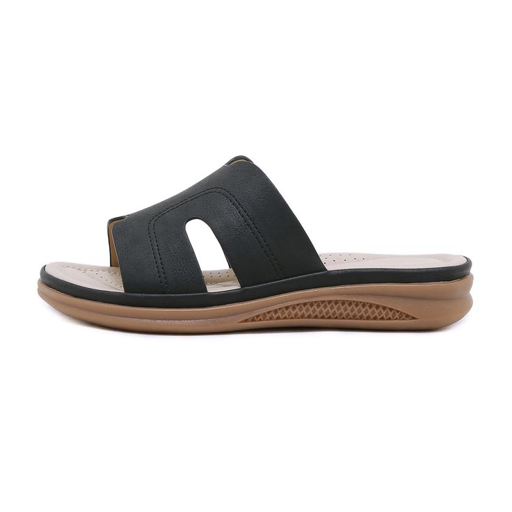 Walk with comfort and style in our Siketu Off the Coast Cushioned Flat Sandals. The perfect blend of fashion and practicality, these sandals provide cushioned support for your feet while boasting a trendy coastal look. Available in apricot, add a touch of whimsy to your summer wardrobe. Cheers to happy feet! 0.98'' heel Slip-on PU upper Synthetic Arch support footbed™ Cushioned Insole™ Anti-skid rubber sole Casual Black Slippers With Arch Support, Comfortable Black Wedge Sandals For Beach, Lightweight Black Sandals For The Beach, Lightweight Black Sandals For Beach, Comfortable Black Wedge Sandals For Vacation, Black Lightweight Round Toe Flip Flops, Black Wedge Sandals With Arch Support For Vacation, Black Slippers With Arch Support For Vacation, Comfortable Black Casual Wedge Sandals