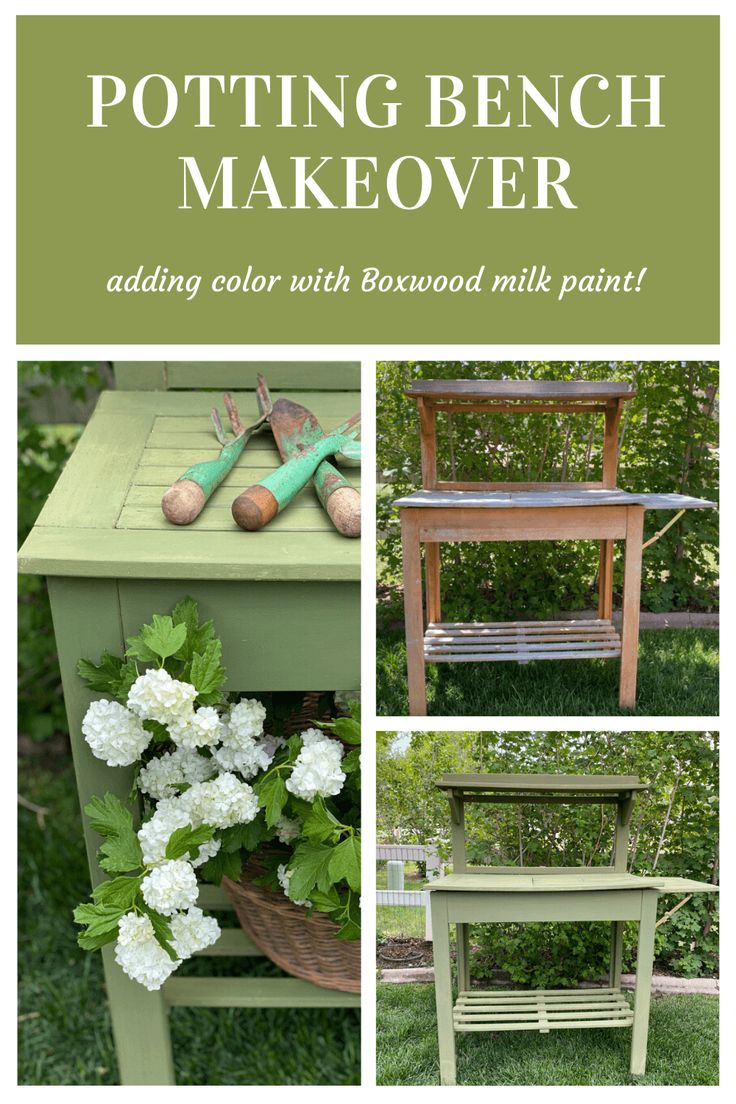 potting bench makeover adding color with boxwood milk paint