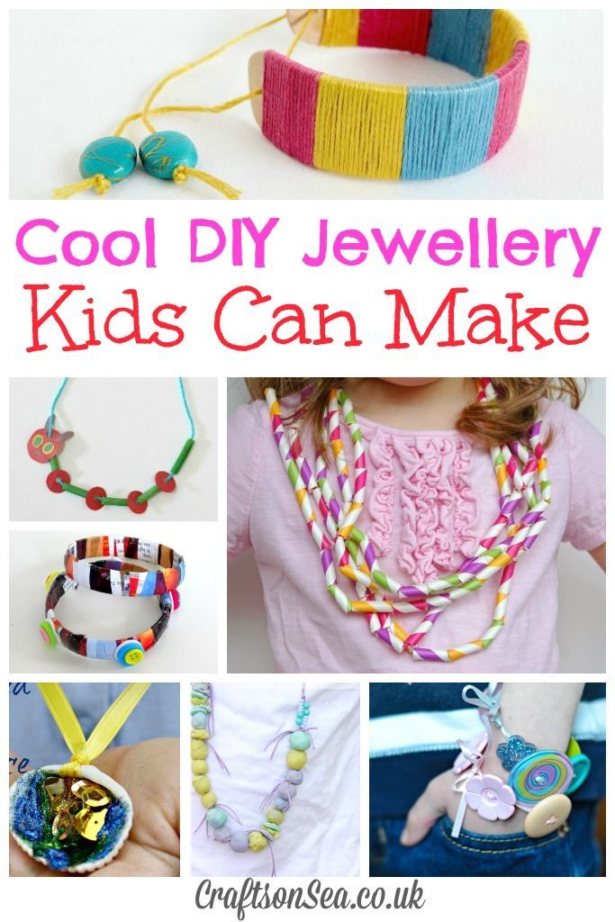 collage of different jewelry items with text overlay that says cool diy jewelry kids can make