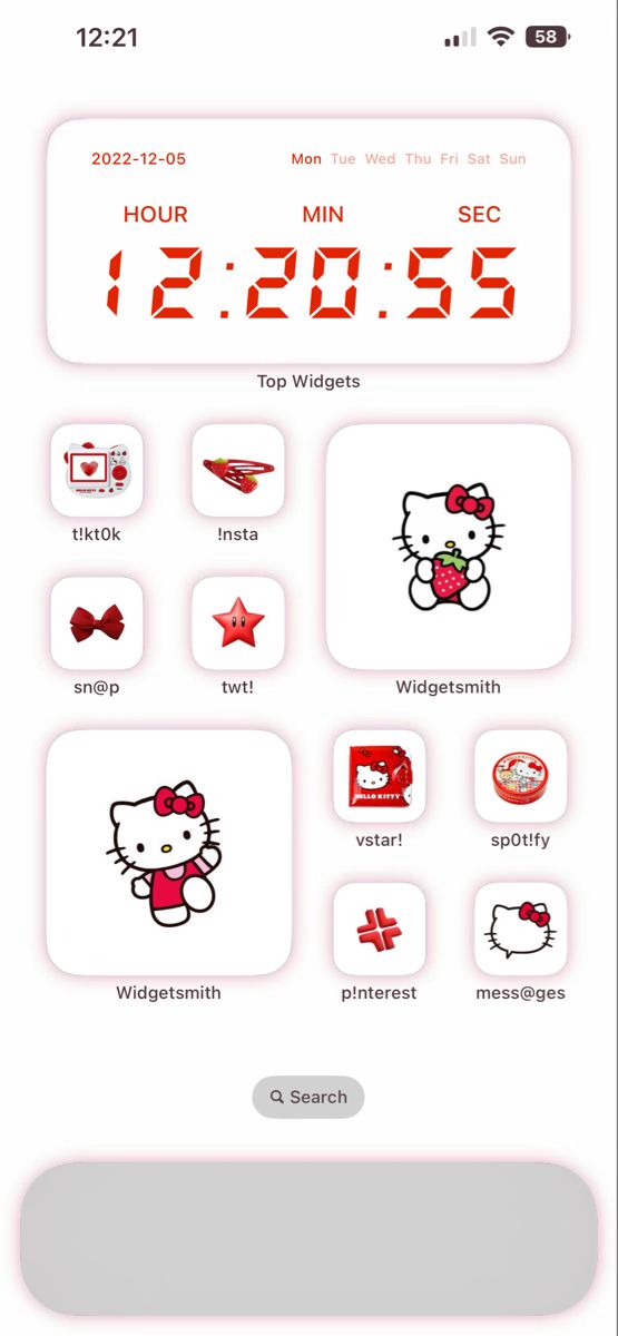 the hello kitty alarm clock is displayed on an iphone screen with red numbers and symbols