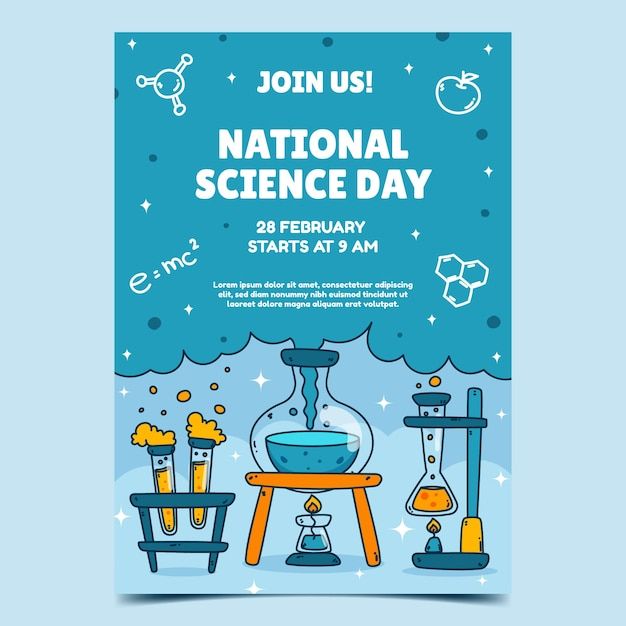 the national science day poster is displayed on a blue background with an image of laboratory equipment