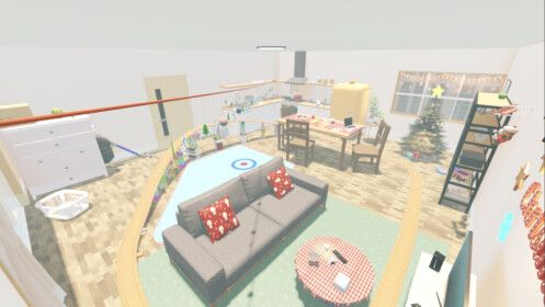 a virtual view of a living room and kitchen