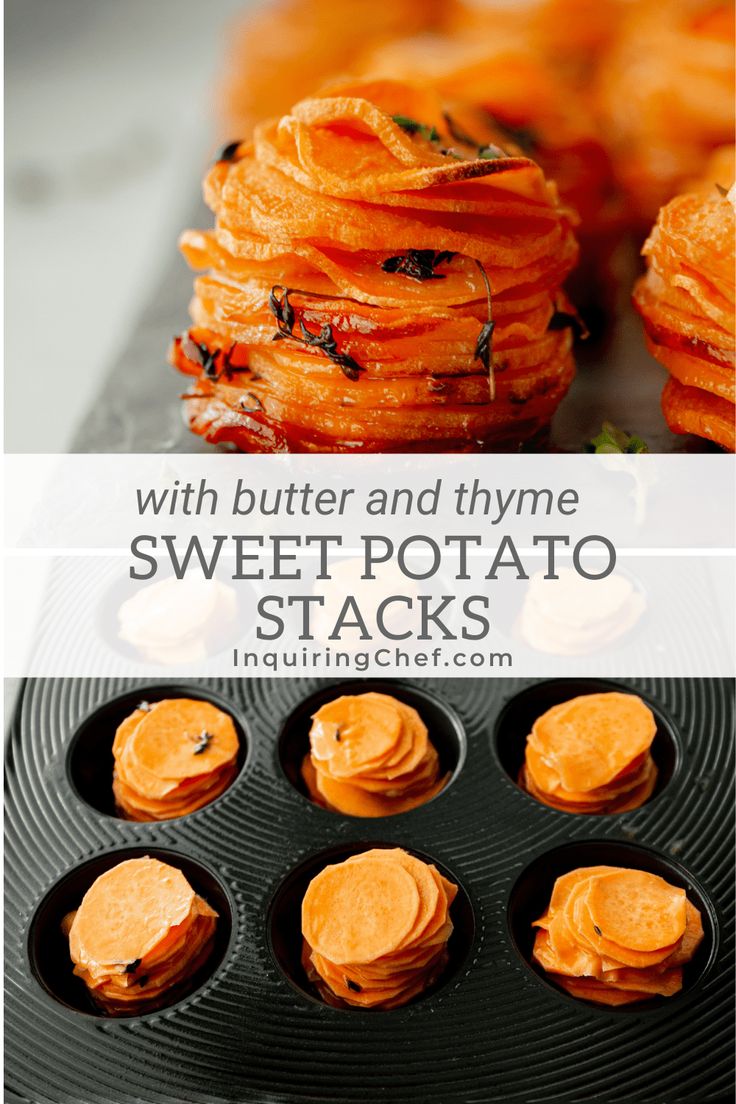 sweet potato stacks in muffin tins with butter and thye on top, and text overlay