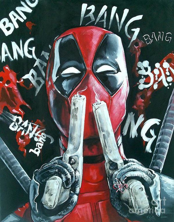 a painting of a deadpool holding two knives in front of his face with the words bang bang bang bang on it