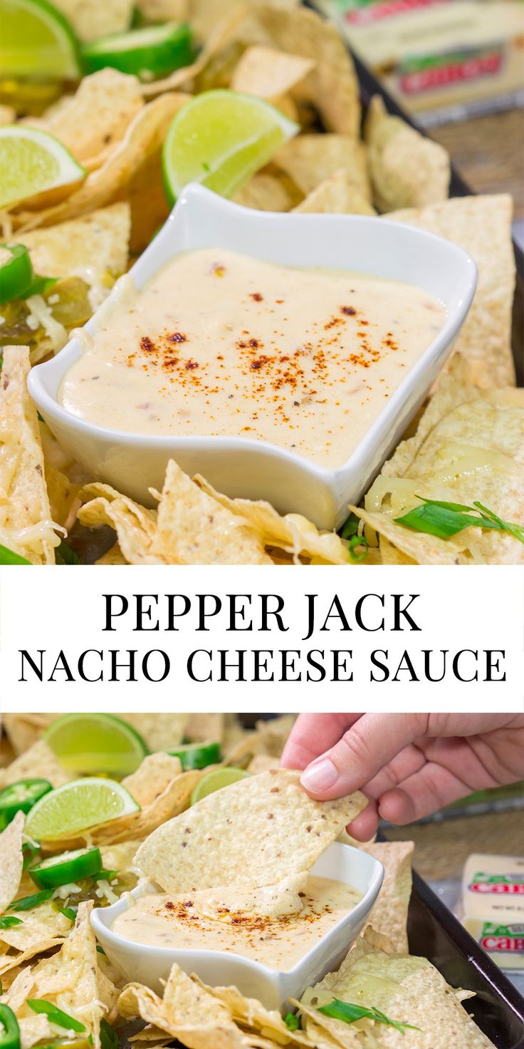 a bowl of pepper jack nacho cheese sauce surrounded by tortilla chips