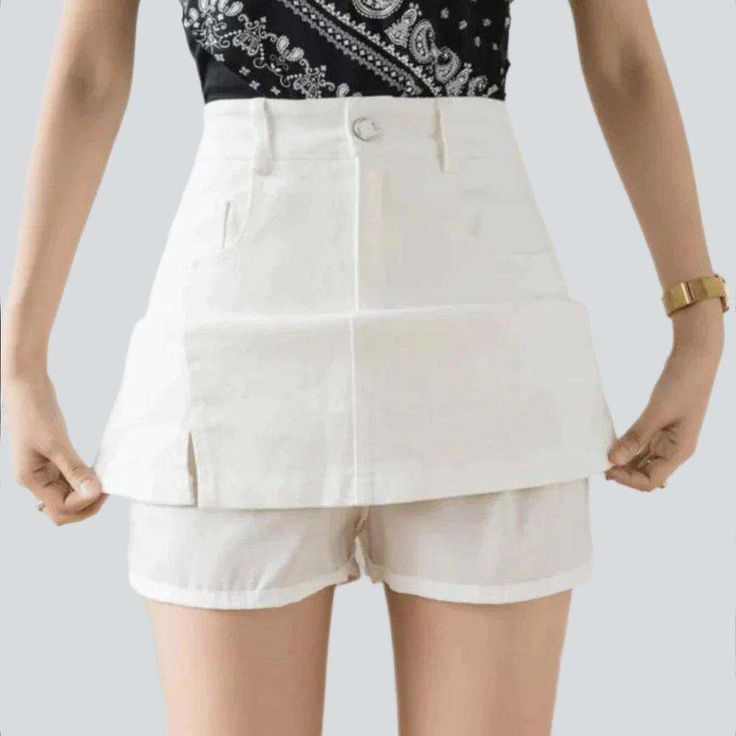 Inject your wardrobe with a chic. modern twist with this sanded mini denim skort from our 2023 Spring-Summer Collection! Its mid-waist cut and zipper & button closure give it a casual look. while its vibrant color and sanded finish promise to make you stand out.Why You'll Fall In LoveThis mini denim skort is the perfect way to create a unique. timeless look. From its casual style to its mid-waist cut. each detail is carefully crafted to ensure a perfect fit. Add to that its vibrant color and san Cotton Mini Skirt With Built-in Shorts, Trendy Cotton Skort With Built-in Shorts, Chic Cotton Skort With Built-in Shorts, Trendy Short Denim Skirt With Built-in Shorts, Mini Denim Skirt With Built-in Shorts, Denim Skort With Built-in Shorts For Summer, Summer Cotton Skort With Built-in Shorts, Denim Mini Skirt With Built-in Shorts, Trendy Skort With Built-in Shorts For Day Out