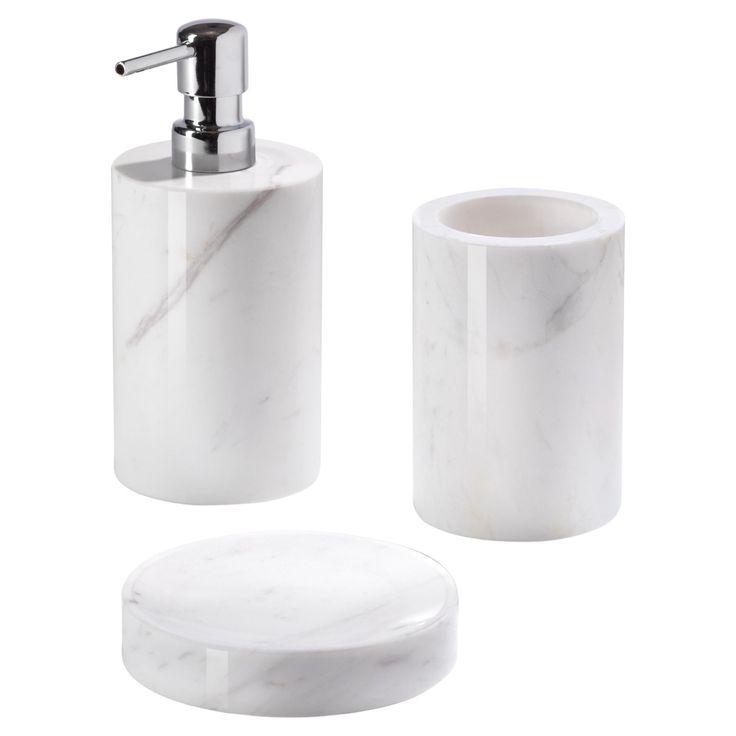 marble bathroom accessories set with soap dispenser and toothbrush holder on white background