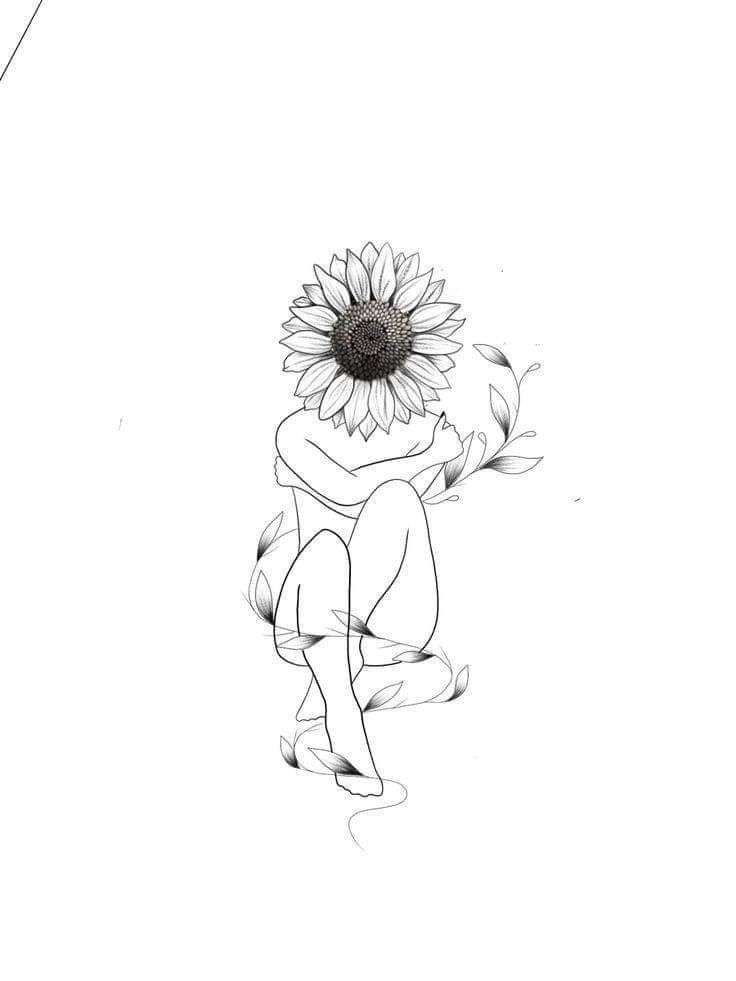 a sunflower sitting on top of a woman's back with her legs crossed