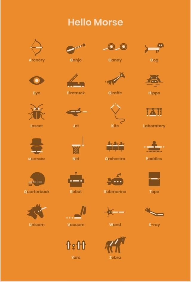 an orange poster with different types of objects on it's sides and the words hello morse written in white