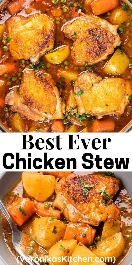 the best ever chicken stew in a pot with carrots and potatoes, is ready to be eaten