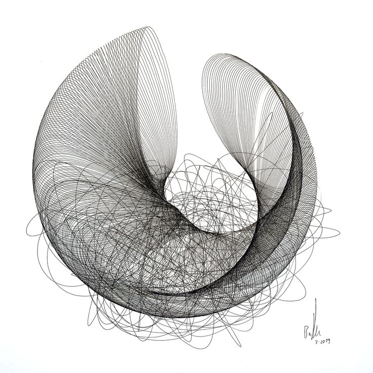 an abstract black and white drawing of two spirals