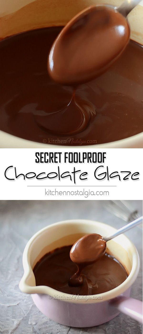 a spoon full of chocolate sauce with the words secret fool proof chocolate glaze