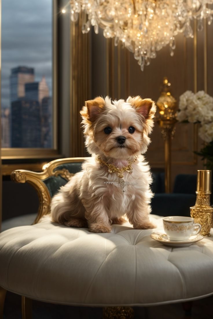 a small white dog sitting on top of a chair next to a chandelier