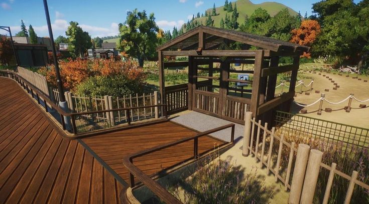 an animated image of a wooden deck and gazebo in the middle of a park