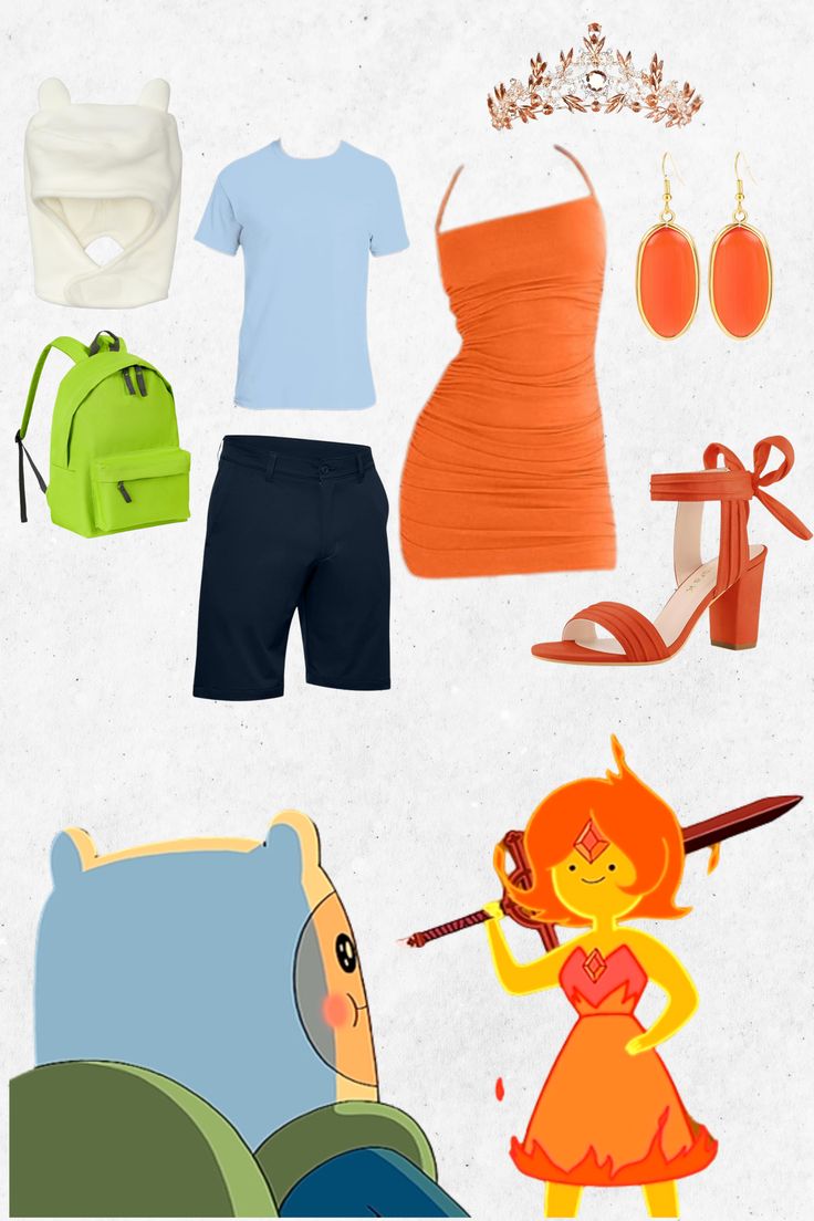 Flame Princess Halloween Costume, Adventure Time Costume Couple, Flame Princess Outfits, Video Game Characters Costumes, Finn And Flame Princess Costume, Adventure Time Costume Ideas, Adventure Time Couple Costumes, Finn And Jake Costume, Finn Adventure Time Costume